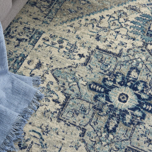 5' X 7' Ivory And Light Blue Floral Medallion Distressed Area Rug